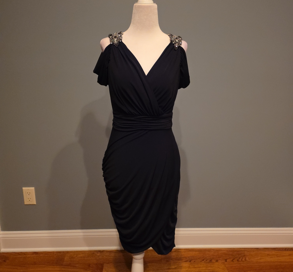 David Meister Size 2 Black Form Fitting Dress with Beaded   Shoulders